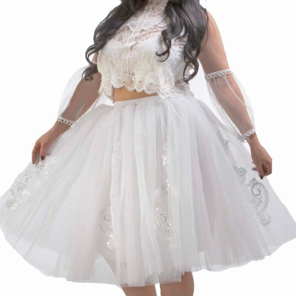 Handmade Dresses & Skirts - Bridal Tulle Skirt with Lace Appliques White Knee Length Womens One Size OS -08